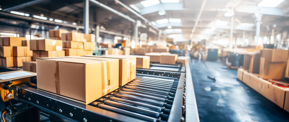 Cardboard boxes on conveyor rollers ready to be shipped by courier for distribution at warehouse