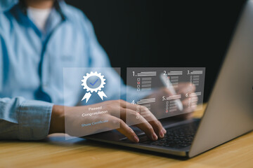 Poster - Businessman take an assessment for certificate, questionnaire, evaluation, online survey exam Choosing the right answer in the exam, filling out an online survey form.