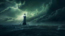 Black Dark Greenish Blue Dramatic Night Sky. Gloomy Ominous Storm Rain Clouds Background. Cloudy Thunderstorm Hurricane Wind Lightning With A Light House In The Background. Epic Fantasy Mystic. 