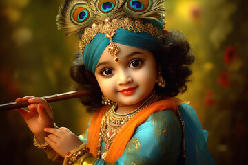 Wall Mural - Cute little girl in lord krishna costume