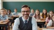 © CZALBERTO - Portrait of a school teacher with his students in the classroom, pleasant atmosphere and moment of happiness. Generative AI.
