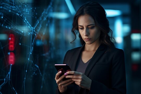 caucasian woman seriously looking at her smartphone