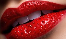 Close Up Of A Woman's Lips With Red Strawberry Lipstick. Generative AI.