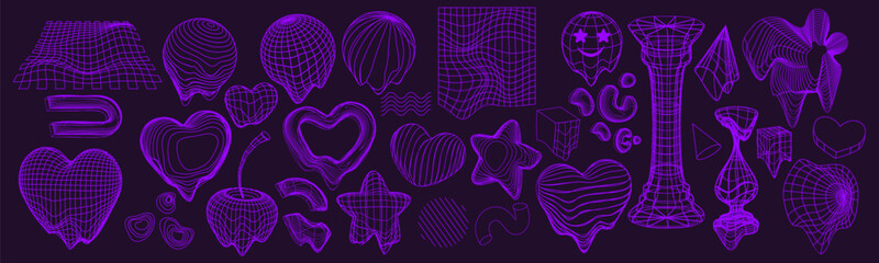 Poster - y2k white purple abstract grid shape. vector illustration set of bright 3d wireframe geometric forms
