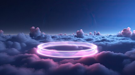 Wall Mural - abstract neon light cloud formation. sphere in the sky over sunset landscape. glowing aura circle in