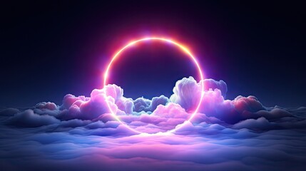 Wall Mural - abstract neon light cloud formation. sphere in the sky over sunset landscape. glowing aura circle in