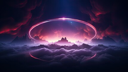 Wall Mural - abstract neon light cloud formation. sphere in the sky over sunset landscape. glowing aura circle in