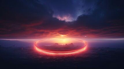 Wall Mural - abstract neon light cloud formation. sphere in the sky over sunset landscape. glowing aura circle in