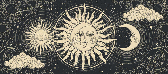 Wall Mural - Union of sun and moon, eclipse, mental balance, spiritual marriage, Magical astrology banner, tarot background. Crescent and sun with a face on a black background with stars. Vector illustration