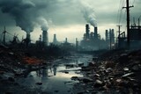 Fototapeta  - Industrial dystopia with towering smokestacks emitting pollution into a bleak, overcast sky