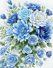 Sticker - blue flowers with green leaves on a white background
, ai generated