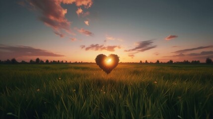 Heart shape in the grass field at sunset