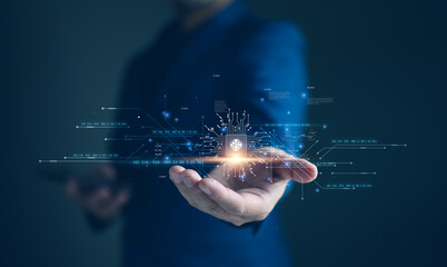 Aufkleber - Businessman showing electronic circuit board chip, world of cutting edge technology innovation, progress, advanced technology of the future, modern, Ai tech. Innovation future. Artificial intelligence