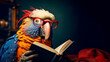 Cute smart cartoon parrot in glasses reading book or study with a place for text. Colorful education illustration for children. Back to school concept