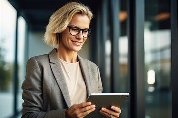 Portrait of smiling businesswoman using digital tablet in the office.