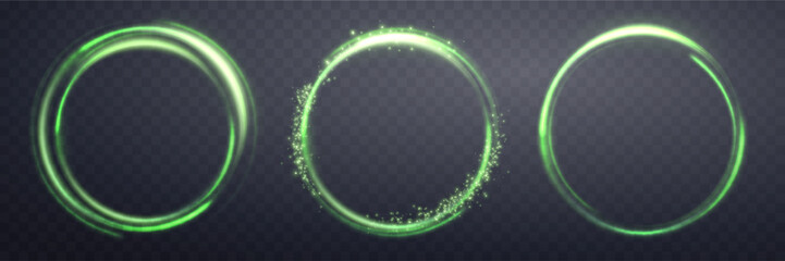 Green magic rings set, with glowing particles. Neon realistic energy flare halo ring. Abstract light effect on a dark transparent background. Vector illustration.