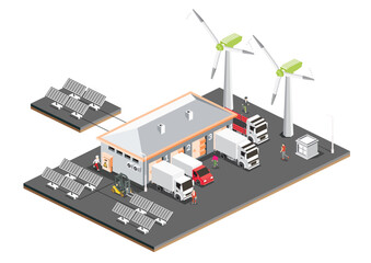 Wall Mural - Isometric distribution logistic center with solar panels and wind turbines. Warehouse storage facilities with trucks isolated on white background. Loading discharging terminal.