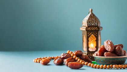 Wall Mural - Ramadan Kareem banner design with dates fruit and beads on light blue background. Eid Mubarak, Muslim Holy Month greeting card template. empty space on the left side for many text. flat lay top view