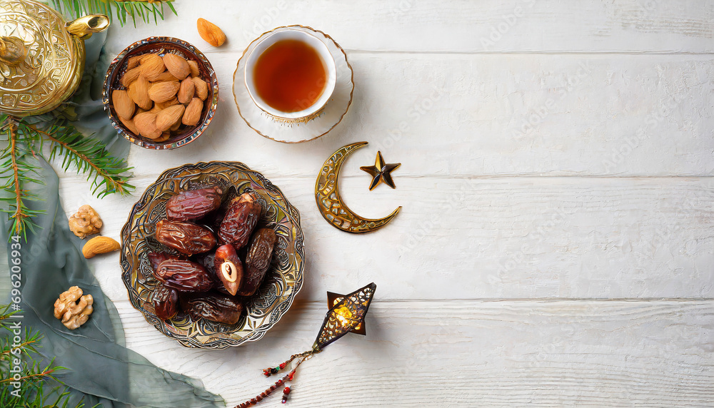 Ramadan Kareem greeting card design. Dried dates in Islamic star and ...