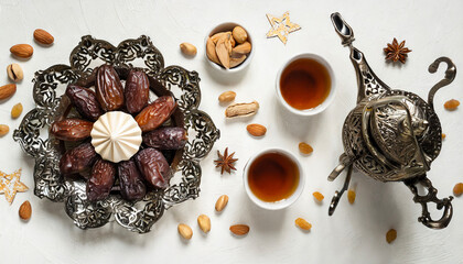 Wall Mural - Ramadan Kareem greeting card design. Dried dates in Islamic star and crescent moon plate, nuts, oriental lantern, cup of tea on white table. Flat lay, top view