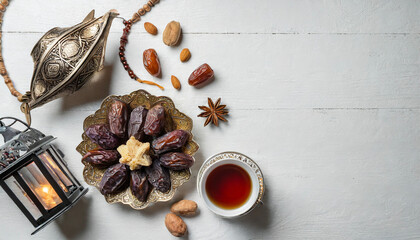 Wall Mural - Ramadan Kareem greeting card design. Dried dates in Islamic star and crescent moon plate, nuts, oriental lantern, cup of tea on white table. Flat lay, top view