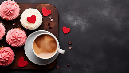 Valentines day concept, delicious cupcake with heart on top with morning coffee on dark background with copy space