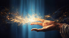 An Open Hand Sticks Out Into The Picture And Golden Sparks Fly Out Of It, Blue Background