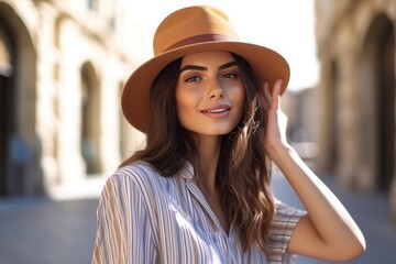 Wall Mural - Stylish woman wearing a brown hat, posing for a picture A fictional character created by Generated AI. 