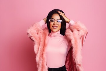 Wall Mural - Stylish Female with Glasses Poses in a Pink Fur Coat A fictional character created by Generated AI. 