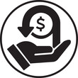 © M - Black Fill Cashback icon. Money refund symbol. The hand that receives the money return and return on investment on transparent background. Hand hold coin. Dollar coin. Finance sign. Business icon.