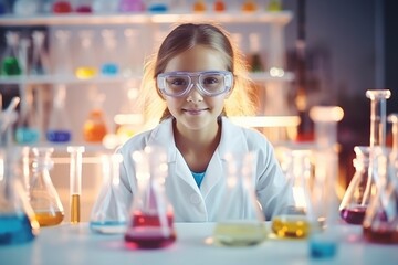 Wall Mural - Cute little girl making science experiments in the laboratory. Education.