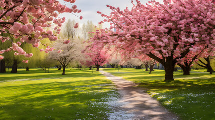 Wall Mural - Families in the park having a spring easter egg hunt with budding apple blossoms trees has both small and large trees on the lawn in the morning with flower beds and blooming flowers of various colors