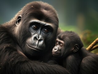 Poster - A mother gorilla and her baby gorilla. Generative AI.