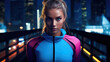 © sergio - A woman in a blue and pink jacket standing in front of a city at night. Generative AI.