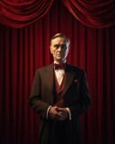 Fototapeta Do akwarium - An older man in a tuxedo standing in front of a red curtain. Generative AI.