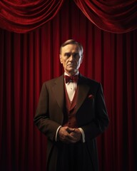 Poster - An older man in a tuxedo standing in front of a red curtain. Generative AI.