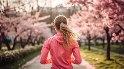 A girl athlete in pink runs through a blooming spring park. Active spring time