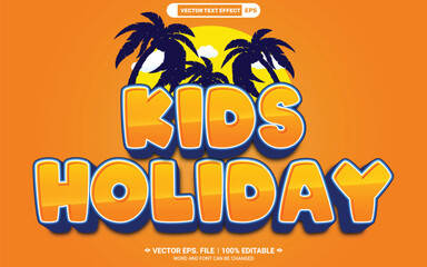 Poster - Kids holiday editable 3d vector text style effect with plam tree and rising sun