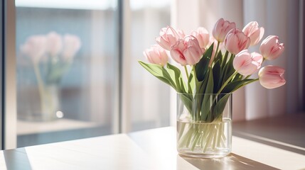 A beautiful bouquet of fresh spring flowers in a glass vase in the warm rays of the sun against the background of a window in a cozy home interior. Decorating the living room with blooming flowers