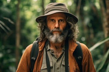 Wall Mural - Bearded mature male explorer with a hat and backpack in a lush forest, looking at the camera with a serious expression.