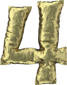3D golden foil number 4, inflated 3D rendering. Puffy alphabet