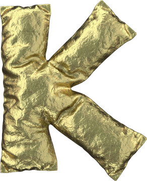 3D golden foil letter K, inflated 3D rendering. Puffy alphabet
