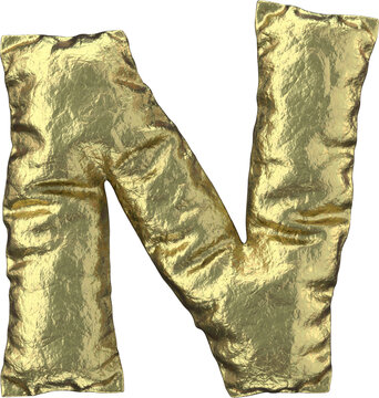 3D golden foil letter N, inflated 3D rendering. Puffy alphabet