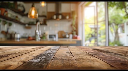 Poster - Warm Sunlight Bathing a Modern Kitchen Interior with Rustic Wooden Tabletop