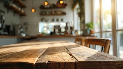 Poster - Warm Sunlight Bathing a Modern Kitchen Interior with Rustic Wooden Tabletop