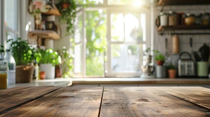 Poster - Warm Sunlight Bathing a Modern Kitchen Interior with Rustic Wooden Tabletop