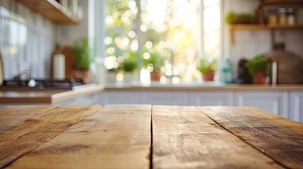 Poster - Warm Sunlight Bathing a Modern Kitchen Interior with Rustic Wooden Tabletop