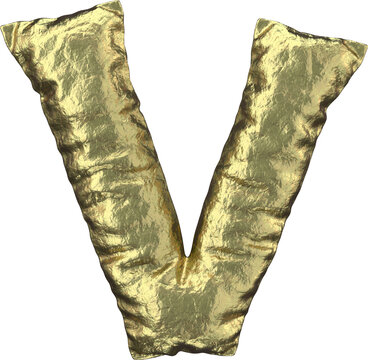 3D golden foil letter V, inflated 3D rendering. Puffy alphabet