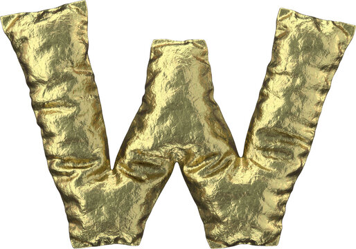 3D golden foil letter W, inflated 3D rendering. Puffy alphabet