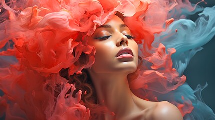 Banner Abstract fashion makeup concept with beautiful girl in color peach-fuzz cloud of smoke on isolated pastel blue background. Close-up portrait of a top model